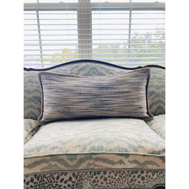 Beautiful artisan made lumbar pillow cover in linen flax with a rustic handwoven texture in navy blue and ecru (front) and...