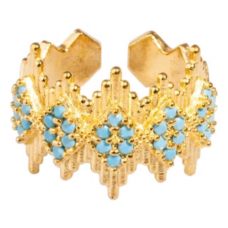 Turquoise Stone & Gold Crown Adjustable Statement Ring, Size 4 For Sale