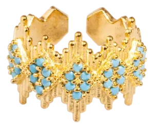 Turquoise Stone & Gold Crown Adjustable Statement Ring, Size 4