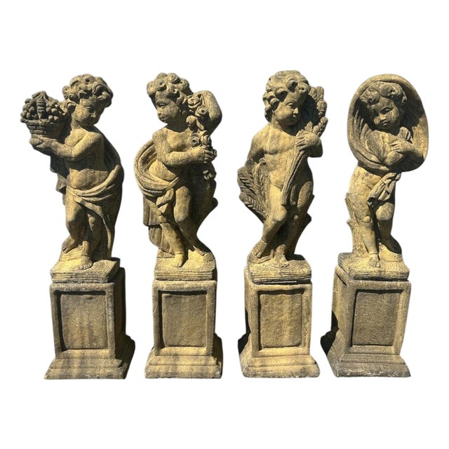 English Four Season Cherub Statues in Stone, Set of 4 For Sale