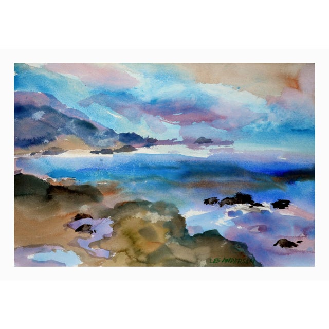 1980s Vintage Sunset Seascape Watercolor Point Lobos, Carmel by Les Anderson For Sale - Image 5 of 5