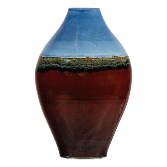 Large Glazed Ceramic Vase with Blue, Green, and Brown Tones For Sale