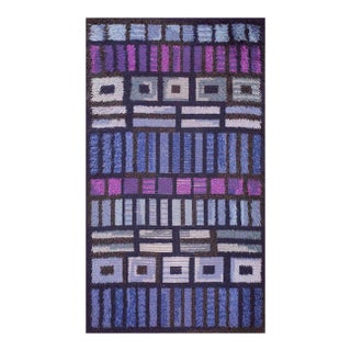 1950s Blue & Purple Geometric Vintage Swedish Scandinavian Rya Shag Carpet 3'2" X 5'8" Handknotted Wool Rug For Sale