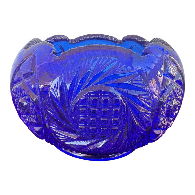 Vintage Fenton Cobalt Blue Pressed Glass Starburst Rose Bowl, Circa 1970s For Sale