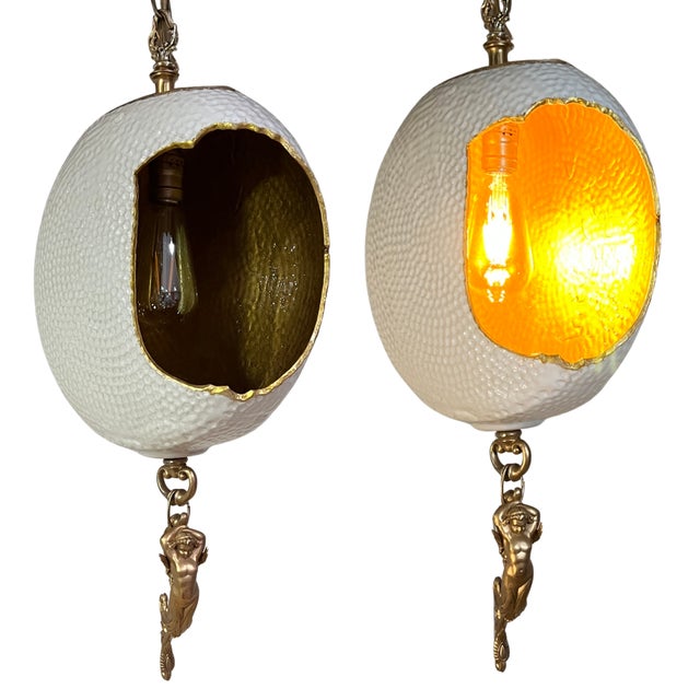Antique Abstract Egg Shaped Shade With Sculptural Dragon Goddess Finial Pendant Light For Sale - Image 9 of 18