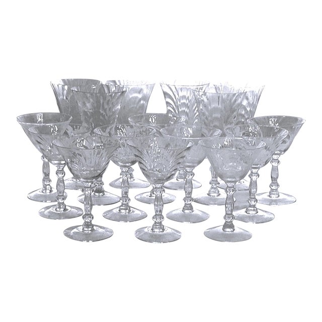 Mid 20th Century Cambridge Caprice Crystal Clear Stemmed Glasses, 10 Water and 6 Wine For Sale
