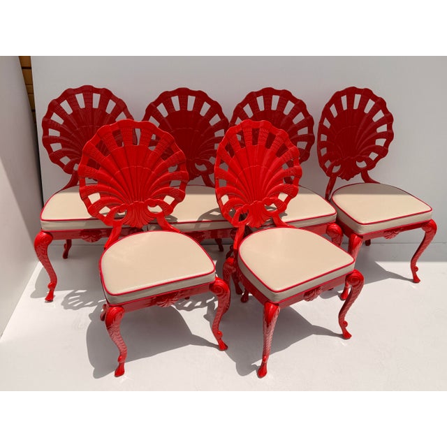 Set of six Venetian grotto style shell back cast aluminum chairs newly upholstered in soft vinyl and powder coated in lave...