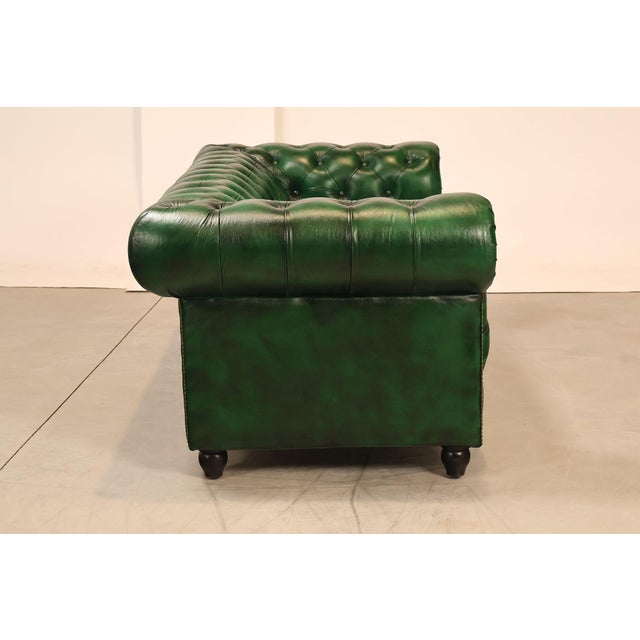 Chesterfield Style Green Leather Sofa For Sale - Image 13 of 16
