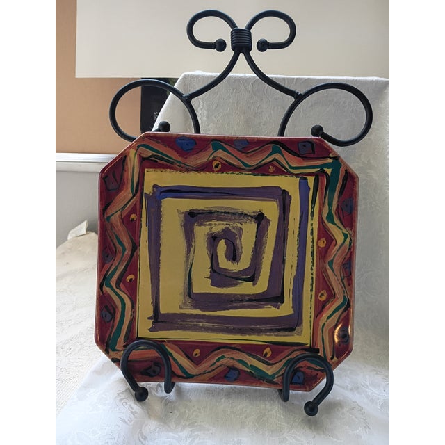 Burgundy Vintage 1980s Karen Howell Studio Art Pottery Square Ceramic Charger Plate For Sale - Image 8 of 8