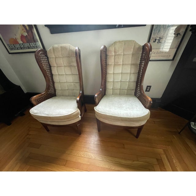 Caned Wingback Velvet Chairs Pair by LeWittes For Sale In New York - Image 6 of 16