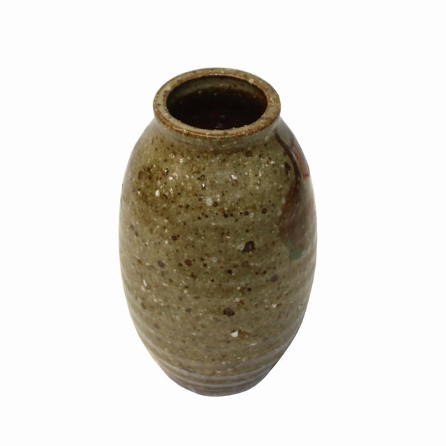 Rustic Handmade Ceramic Brown Tan Gray Flower Graphic Jar Vase For Sale - Image 3 of 5