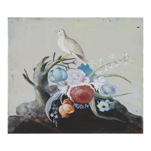 Vintage Hand-Painted Bird & Floral Still Life on Iron, 14” – Botanical Wall Art