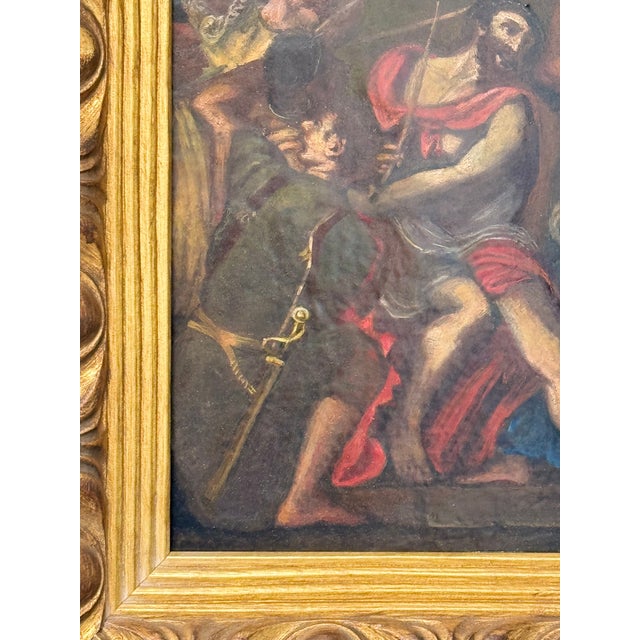 A finely executed antique oil painting depicting The Coronation of Thorns, created by an Italian School artist during the...