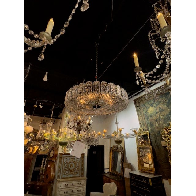 Modern Murano "ice block" glass disc flush mount chandelier. Circa 2000. The chandelier has been professionally rewired,...