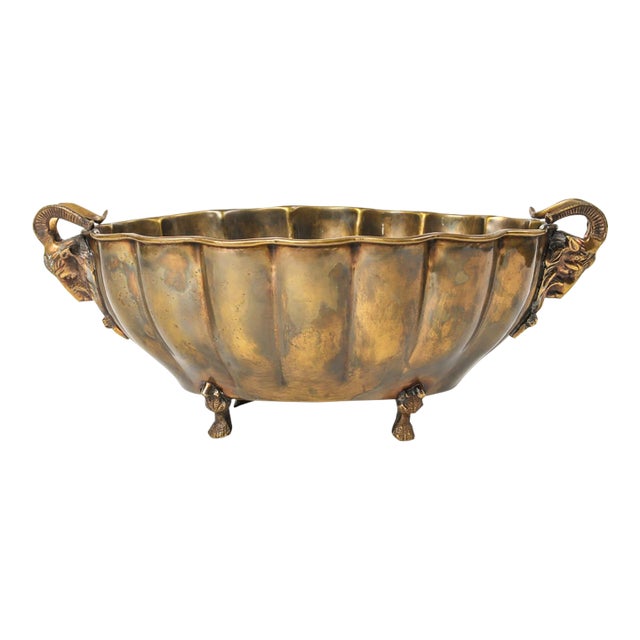 Vintage Brass Ram Head Footed Bowl Centerpiece Jardiniere Cache Pot Hollywood Regency Decor For Sale