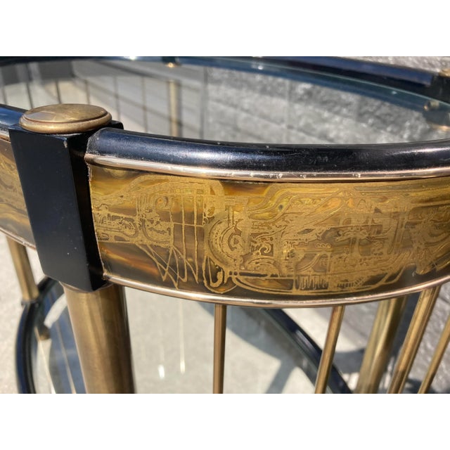 Mastercraft Mid 20th Century Acid Etched Brass Bar Cart by Bernard Rohne for Mastercraft For Sale - Image 4 of 5