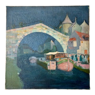 Vintage Oil on Canvas European River Town at Night For Sale