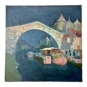 Vintage Oil on Canvas European River Town at Night