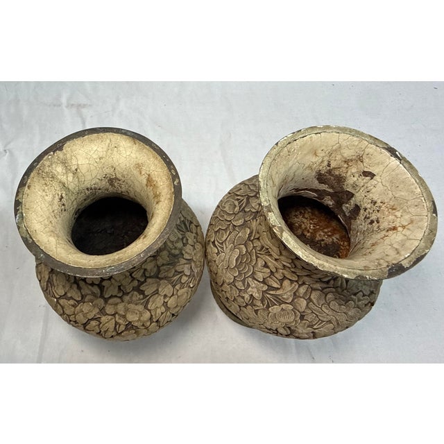 Pair of Antique Handmade Chinese Carved White Lacquer Cinnabar Floral Vase Urn For Sale - Image 12 of 12