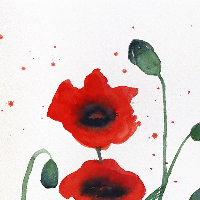 Poppies II - Original Red Floral Still Life Watercolor Painting on Paper For Sale In Los Angeles - Image 6 of 7