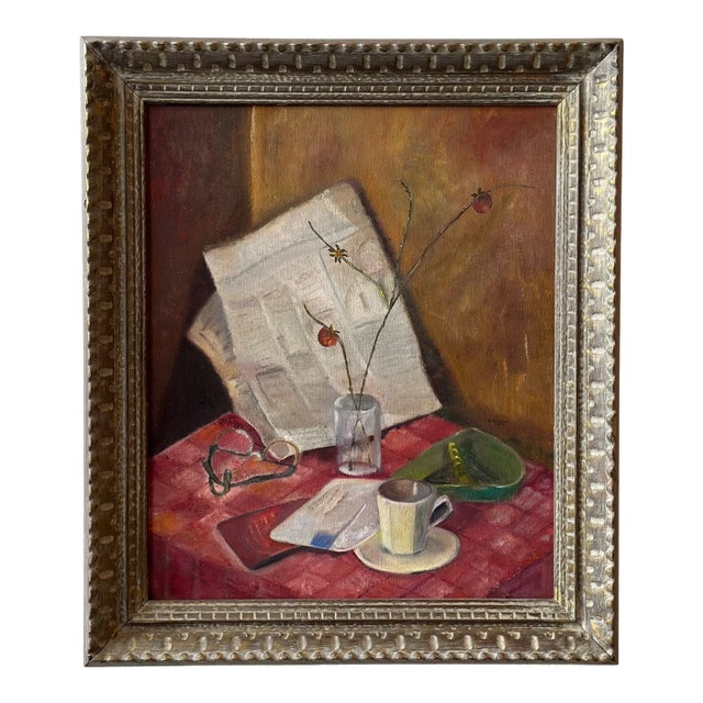 Vintage Framed Tablescape Still-Life on Canvas, Circa 1969 For Sale