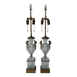 Vintage French Empire Neoclassical Style Cut Crystal & Swan Bronze Ormolu Table Lamps – A Pair For Sale