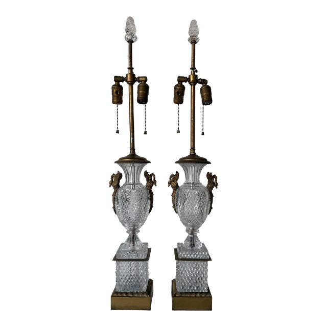 Vintage French Empire Neoclassical Style Cut Crystal & Swan Bronze Ormolu Table Lamps – A Pair For Sale