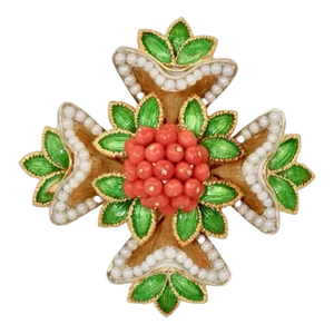 French Enamel, Pearl, Coral, Maltese Cross Flower Brooch Pendant