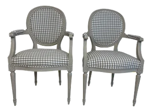 1920s Louis XVI Style Grey Painted Country Fauteuils in Grey Gingham - a Pair