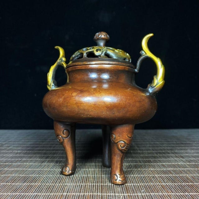 Chinese Vintage Gilt Bronze Tripod Censer - Imperial Incense Burner With Handles For Sale - Image 3 of 9