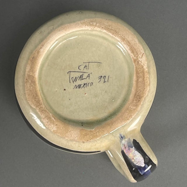 Ceramic Vintage 70s Mexican Hand Painted Pottery Coffee Tea Mug With Birds Signed Cat Tonala For Sale - Image 7 of 12