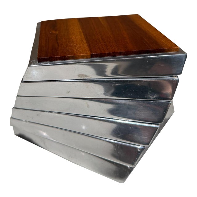 Nambé Twist Coaster Set Lou Henry Acasia Wood Aluminum Post Modern For Sale