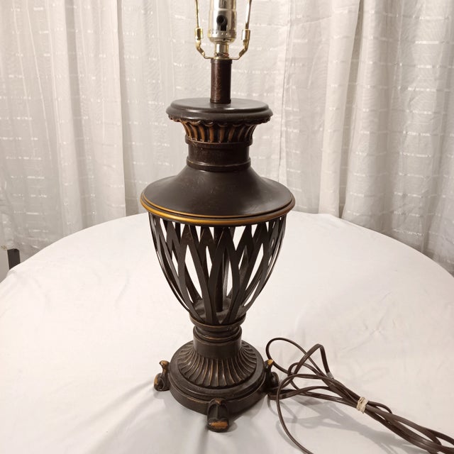 Mid-Century Modern 1974 Vintage Openwork Metal Table Lamp Bronze Color With Gold Accent For Sale - Image 3 of 12