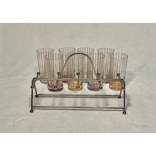 Gold Culver Mid-Century Modern Atomic Multi Color Highball Barware Glasses With Caddy- Set of 8 For Sale - Image 8 of 12