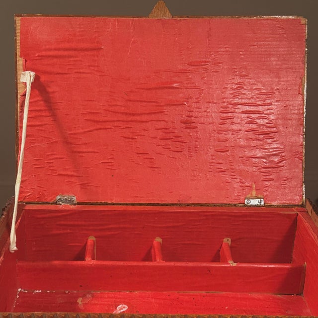 Antique Primitive Chip-Carved Lidded Tramp Art Box on Stacked Pedestal Feet (C. 1936) For Sale - Image 9 of 10