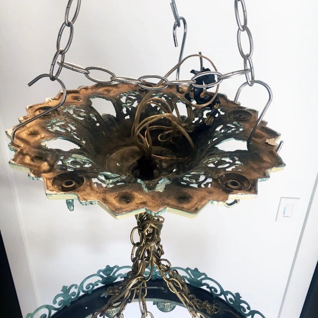 1920s Art Deco Verdigris + Gold Finish 12 Light Chandelier For Sale - Image 11 of 12