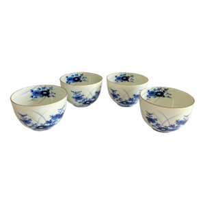 Vintage Blue & White Japanese Porcelain Floral Tea Cups, Set of 4