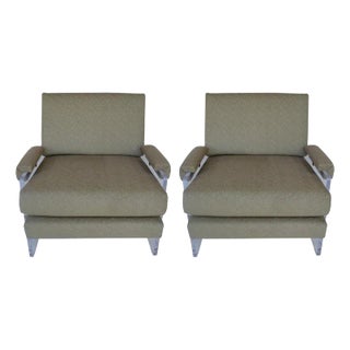 Pair of Lucite Armchairs With Brass Hardware and New Upholstery. u.s.a. 1980's For Sale