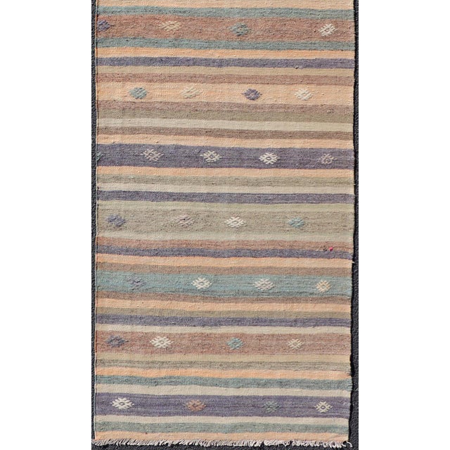 Vintage Flat Weave Turkish Kilim Runner With Stripe and Modern Motif Design For Sale - Image 4 of 10