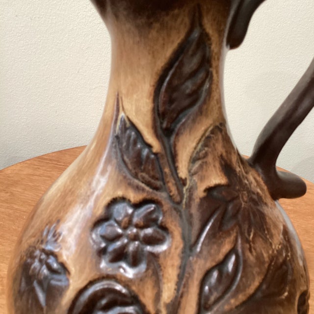 Vintage Folk Art Ceramic Terracotta Engraved With Decorative Flowers Pitcher/Jug For Sale In Chicago - Image 6 of 12