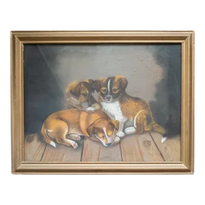 19th Century American Folk Art Americana Pastel Painting of Puppies