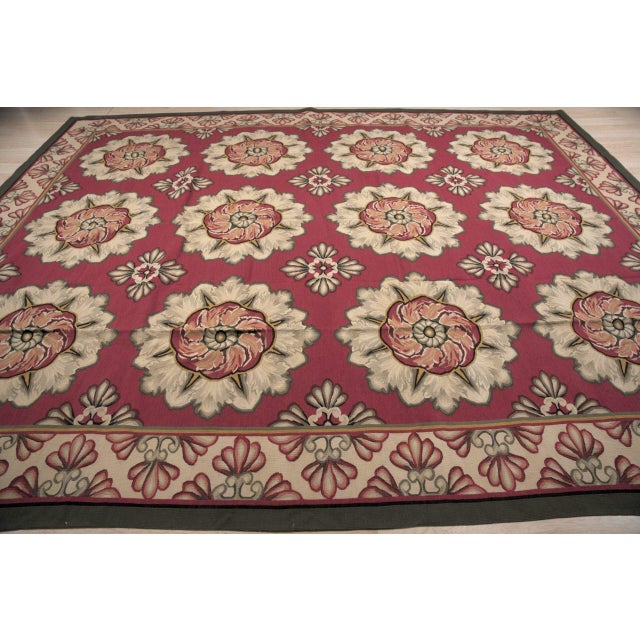 French 9x12 Vintage Aubusson Flat Weave Wool Rug, Raspberry Rosette For Sale - Image 3 of 12