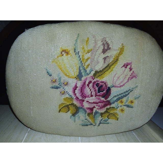 Vintage needlepoint footstool with handmade lace trim and nail detail. Late 50s or early 60s. Solid wood construction. And...