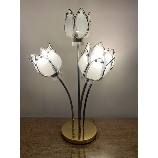 White 1991 Four-Light Lotus Bouquet Lamp in Beveled Glass For Sale - Image 8 of 10