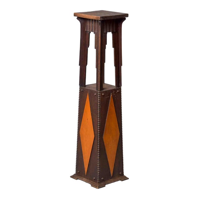 Arts & Crafts Oak Pedestal With Diamond Inlay Circa 1890s For Sale