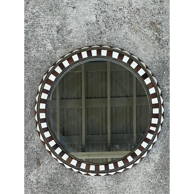 Vintage Moroccan Round Inlaid Wood Wall Mirror For Sale - Image 9 of 12