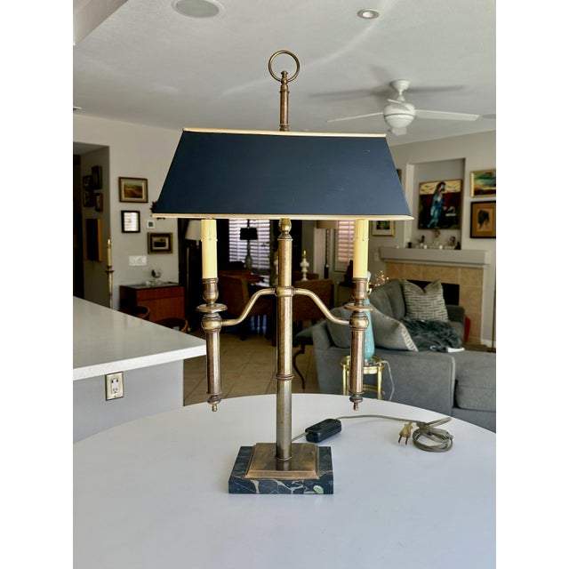 Vintage French Bouillotte style brass two lights bouillotte table lamp. Constructed from heavy solid brass with and black...