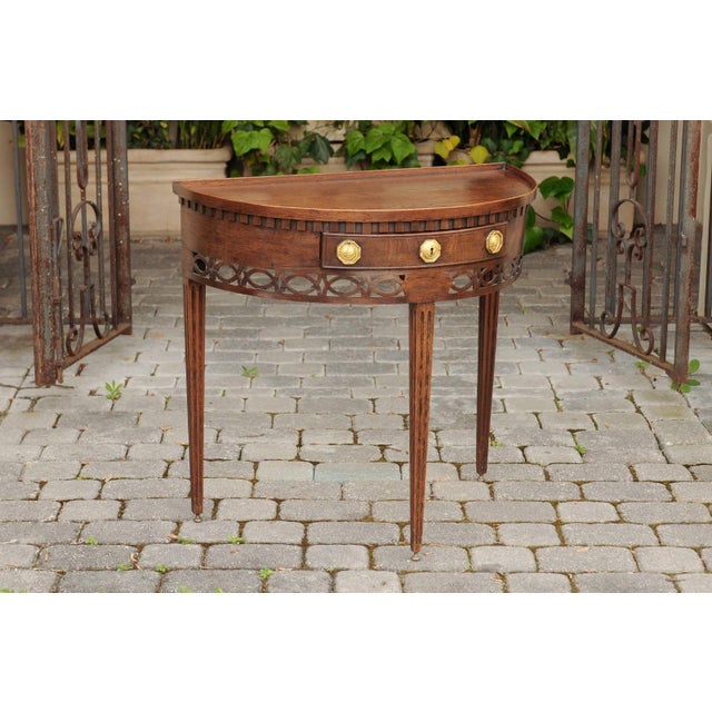 Brown English 1860s Oak Demilune Table with Drawer, Tapered Legs and Pierced Motifs For Sale - Image 8 of 10