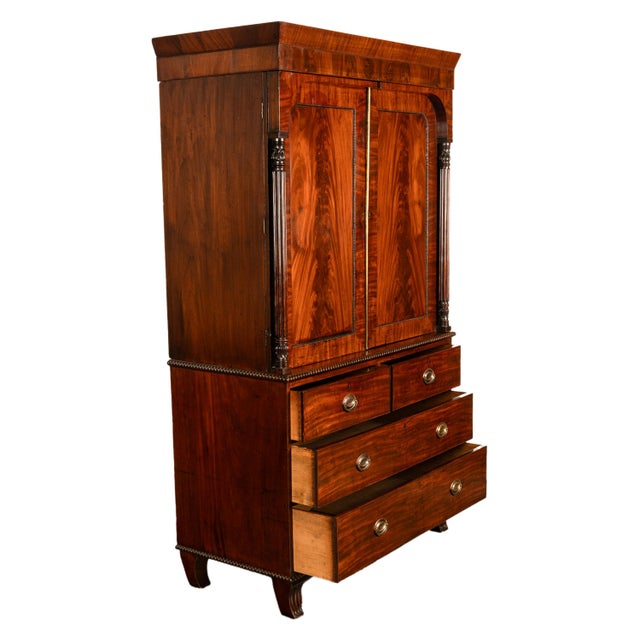 Antique 19thC Flame Mahogany Georgian Regency English Linen Press Chest 1800 For Sale - Image 4 of 16