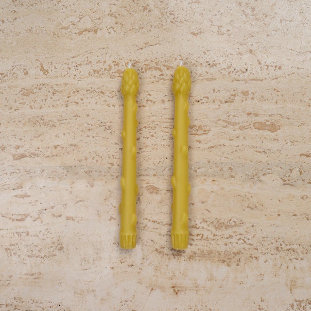 Asparagus Taper Beeswax Candles in Citron Green - A Pair For Sale - Image 4 of 5